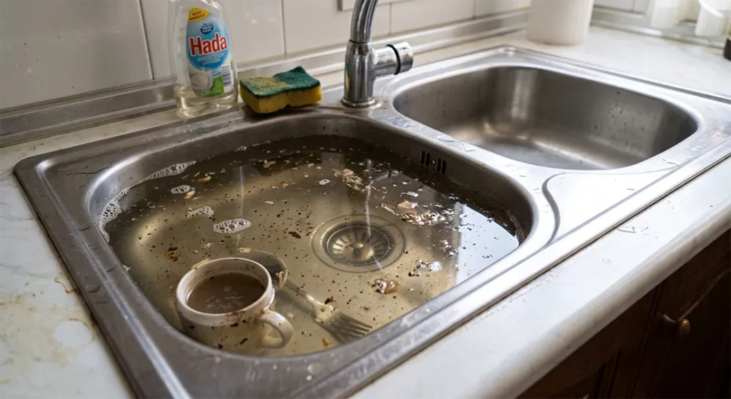 Fregadero atascado con agua estancada en una vivienda de Las Rozas