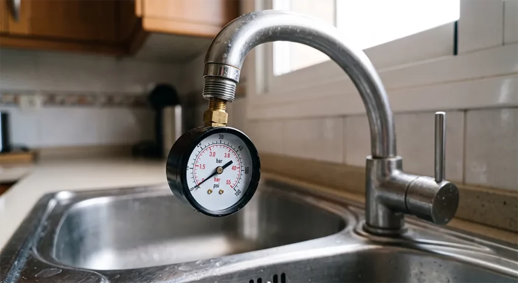 Manómetro midiendo la presión del agua en un grifo de una vivienda de Las Rozas