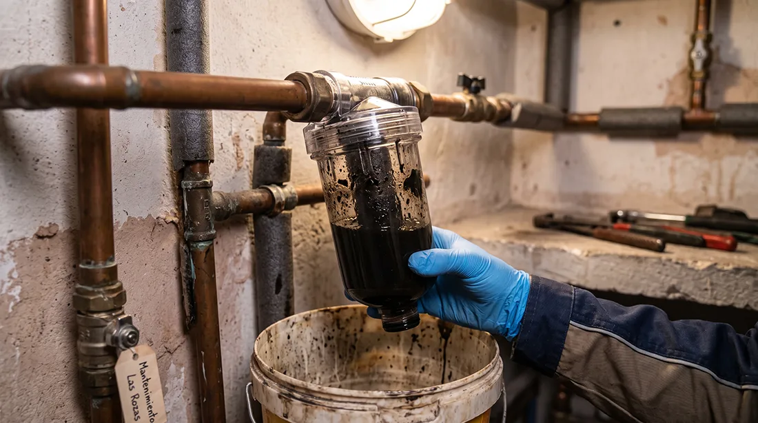 Agua negra con lodos saliendo al purgar un radiador de una instalación antigua en Las Rozas